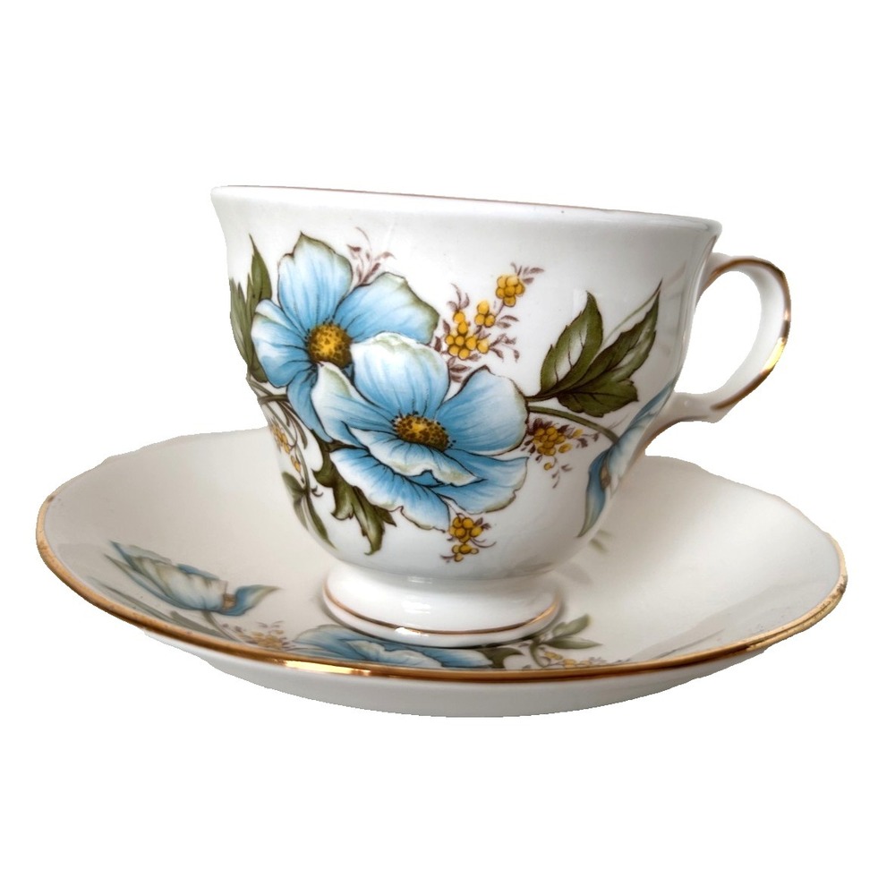 Vintage Queen Anne Bone China Teacup Saucer Set Blue Floral Gold Trim England